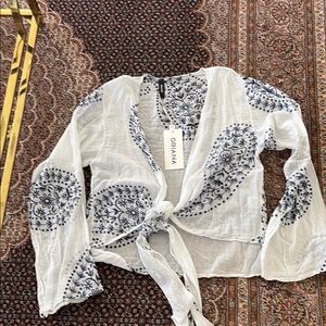 Cream Tie Front Blouse with Blue Medallion Pattern